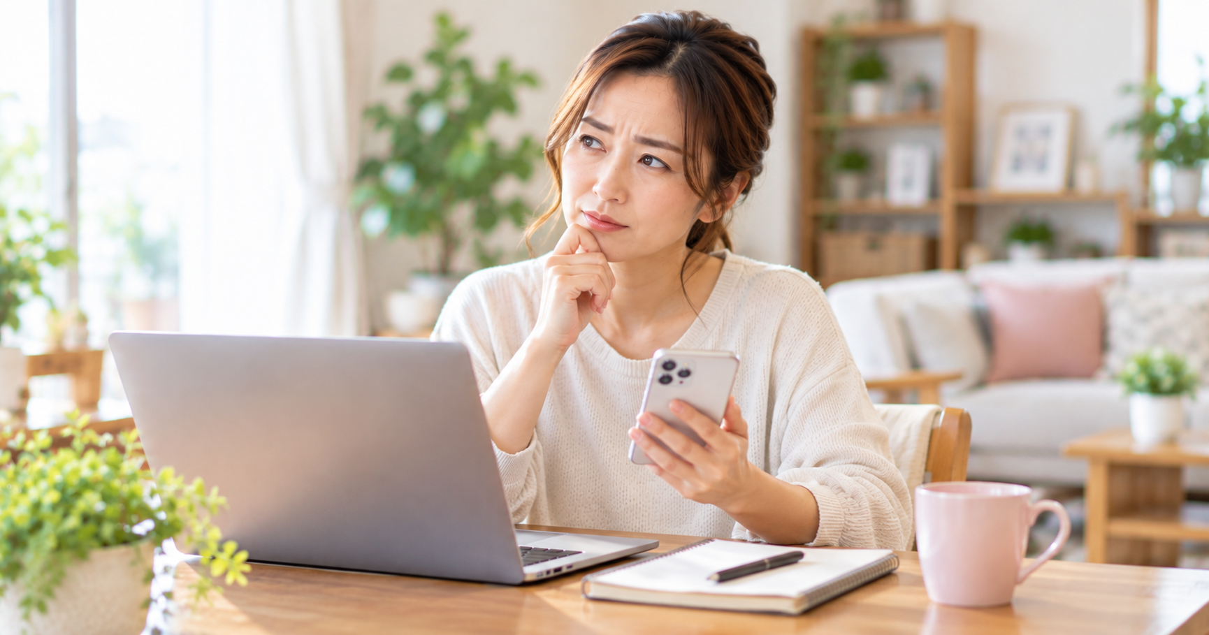 在宅ワークの疑問を調べる女性